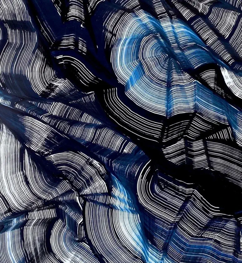 Abstract image featuring layered, curved white and blue lines on a dark background, creating a sense of movement and depth.