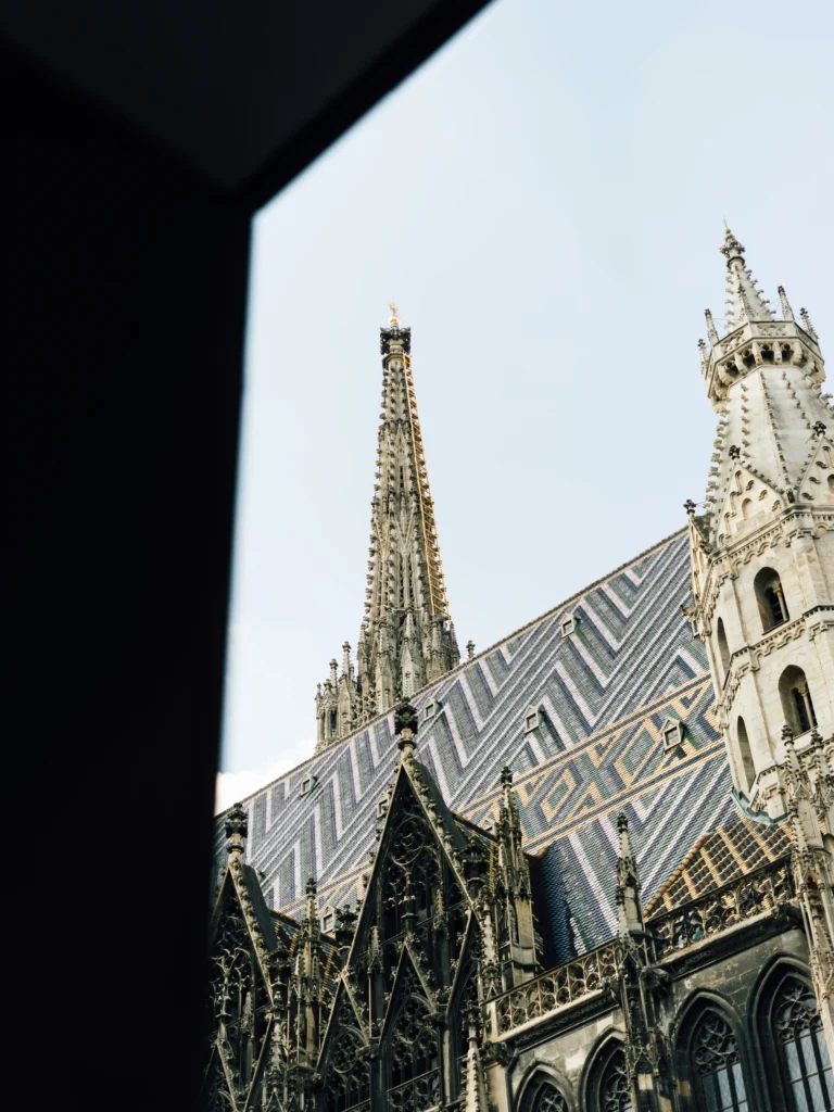 A section of St. Stephens Cathedral with a patterned, colorful tiled roof and pointed spire, partially framed by a dark foreground.