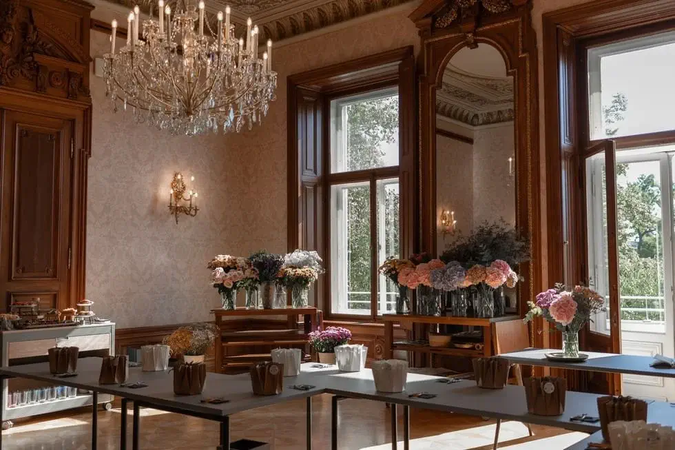 A well-lit, elegant room with large windows, a chandelier, and several tables set with brown paper bags and jars, surrounded by floral arrangements.