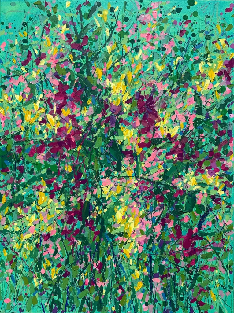 Abstract painting with dense splashes of green, yellow, pink, and burgundy colors, evoking the appearance of vibrant foliage or flowers against a teal background.