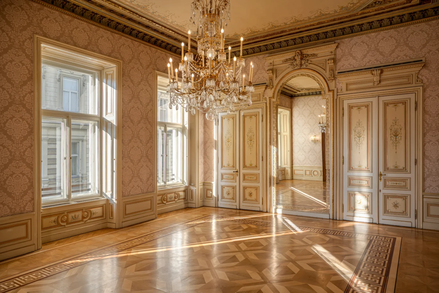 Ornate, empty room at Almanac Palais, Vienna, with large windows, chandeliers, decorative wallpaper, parquet wood floor, and double doors opening to another elegant space.