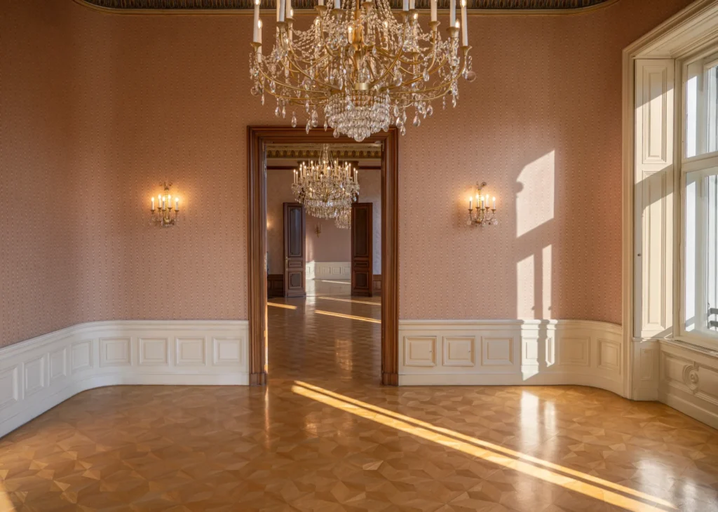 Elegant, empty room with parquet flooring, chandeliers, wall sconces, and large windows letting in sunlight, leading into additional similarly decorated rooms through open doorways.