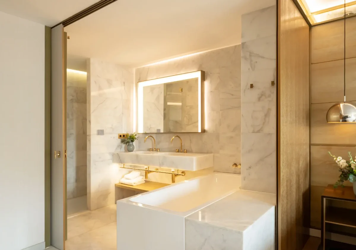Modern Junior Suite bathroom with marble walls, a built-in bathtub, double sink vanity, illuminated mirror, and a gold hanging light fixture next to a small table with a vase of flowers.