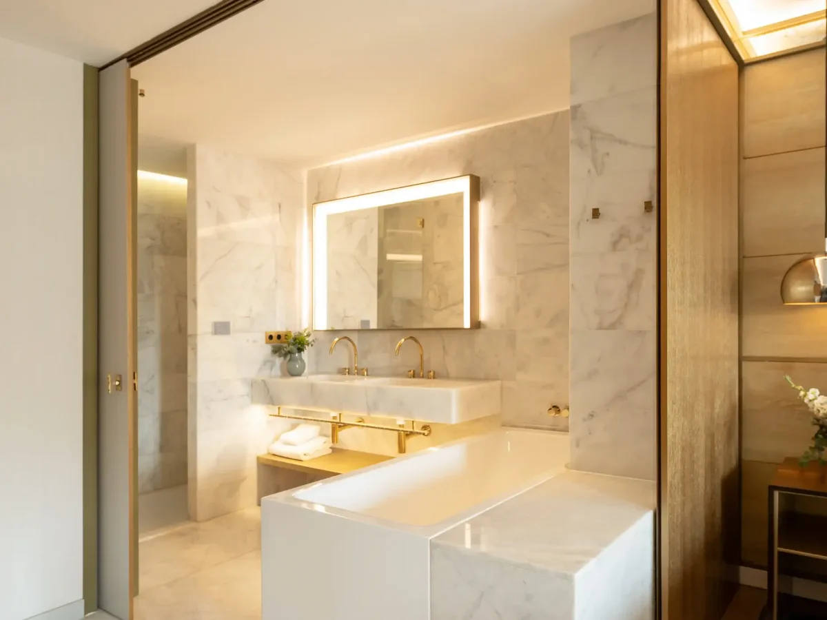 Un bany modern de tipus Junior Suite amb parets de marbre, un gran mirall amb retroiluminació, un lavabo doble, una banyera integrada i un gerro de flors sobre una tauleta auxiliar.