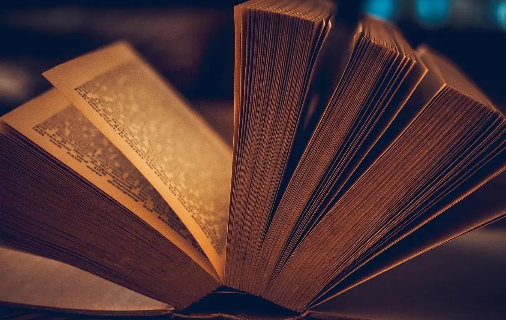 Detailní záběr na otevřenou knihu s rozloženými stránkami, na nichž je vidět text a teplé, tlumené osvětlení.