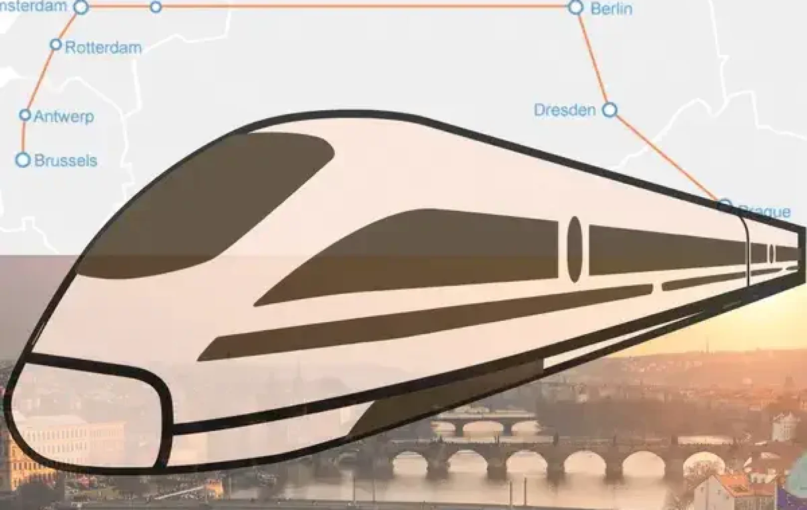 Stylizovaná ilustrace vysokorychlostního vlaku překrytá mapou znázorňující trasu balíčku All Aboard mezi několika evropskými městy, s krajinou města v pozadí.